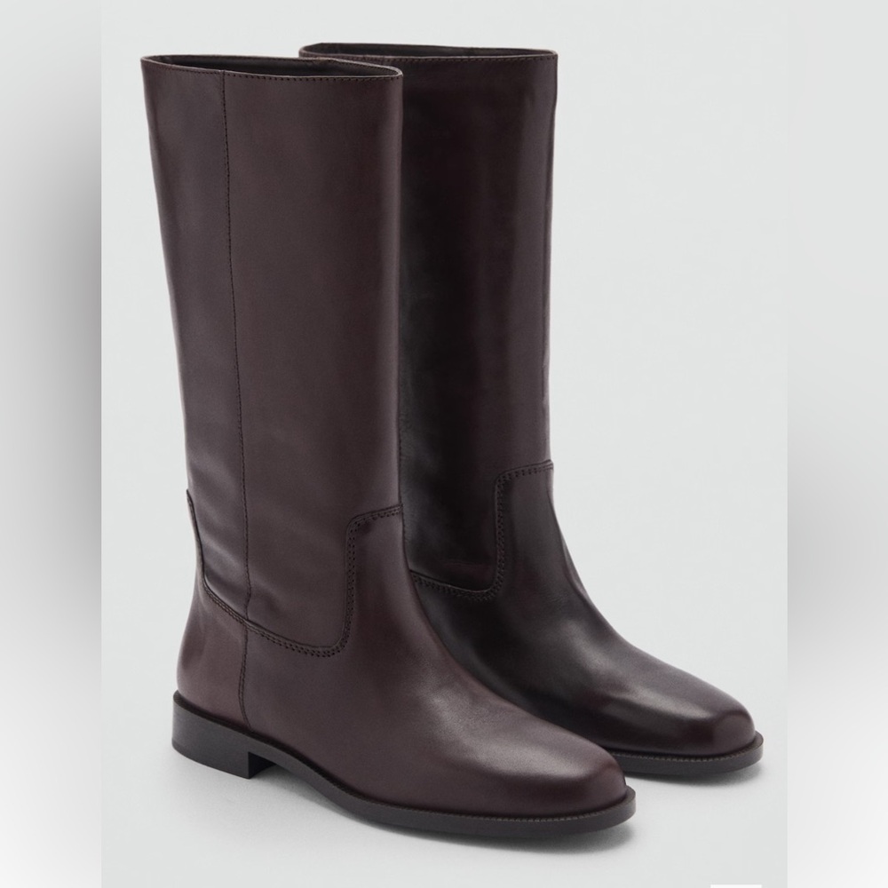 Mango Dark Brown Leather Mid calf Heeled Boots